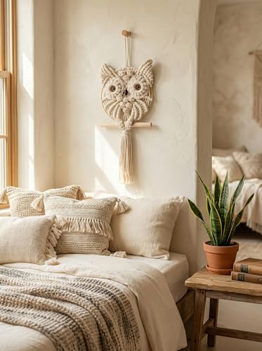 Image of JH Gallery Macrame Owl Wall Decor Hanging, Bohemian Cotton Rope Handmade Owl Tapestry for Bedroom, Living Room and Office Decor, Boho Theme Home Decor Tapestry.