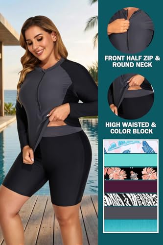 Image of Daci Women 2 Piece Plus Size Long Sleeve Rash Guard Zip Front Athletic Bottom Tankini Swimsuits UPF 50 | Two piece,Tummy Control,High Waist,UPF 50+,Half Zipper Swim Shirt,Athletic,Sporty,Built-in Bra,Built-in Briefs