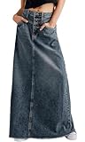 chouyatou Women's Vintage A-Line Frayed Maxi Denim Skirt Distressed High Waist Long Jean Skirt (Medium, Blue)