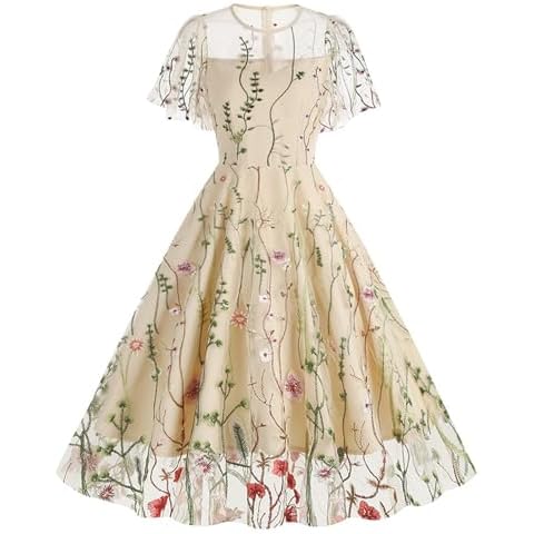 Women Vintage Floral Embroidery Swing Dress Cover