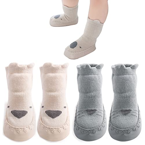 Image of Exegawe Baby Anti Slip Floor Socks - 2 Pairs Toddler Non Slip Sock Shoes with Grip for Girls(Beige & Blue,S/0-6m)
