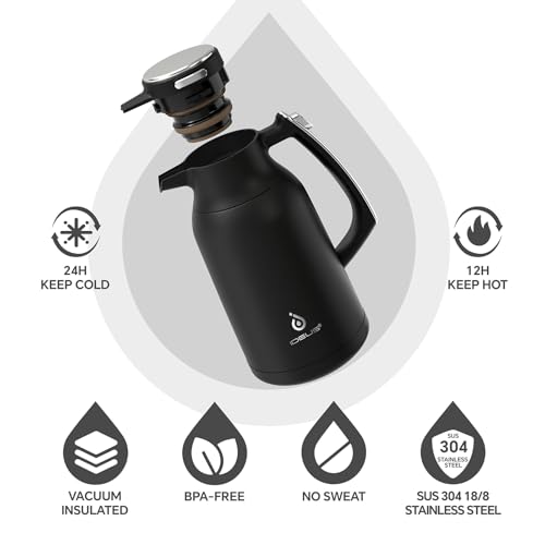 Image of IDEUS Thermal Coffee Carafe, Stainless Steel Double Wall Insulated Vacuum Flask, Water Jug Coffee Server and Beverage Dispenser, Heat and Cold Retention (Black, 68, Fluid Ounces)
