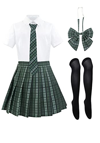 HidmFaw Schoolgirl Outfit for Women Japanese Uniform Set Plaid Skirt Cosplay Sailor Costume with Bow Tie Socks 5 PCS US Size
