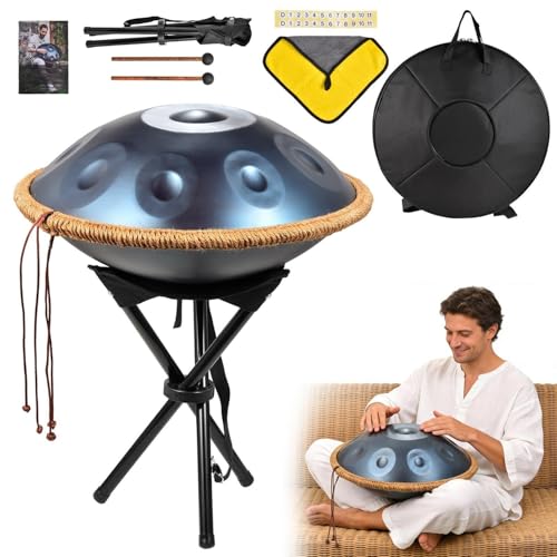 18 Inch Handpan Drum Set 9 Notes G Minor 440Hz Hand pan drum Stainless Steel Pan Drum Metal Percussion Instruments Handpan Drums for Adults with Soft Bag Mallets Stand Note Stickers etc(Blue)