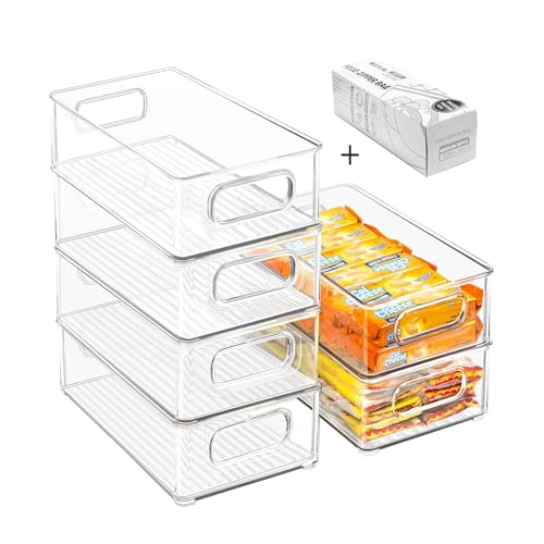 Stackable Refrigerator Organizer Bins, 6 Pack Clear Kitchen Organizer Container Bins with Handles and 20 PCS Plastic Bags for Pantry, Cabinets, Shelves, Drawer, Freezer - Food Safe, BPA Free 10"L - Image 5
