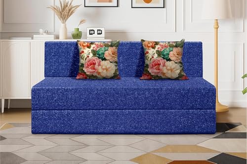 Image of Foldable 2 Seater Sofa Cum Bed, Sofa Bed 4 X 6 Feet, Jute Fabric- Washable Cover- Including Two Cushion Perfect for Home & Office - Blue Color