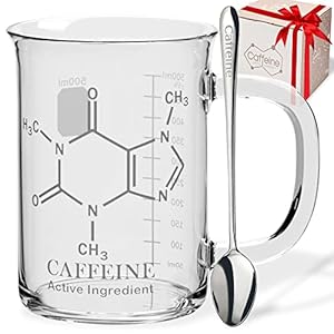 Caffeine Beaker Mug 17 oz (500ml) with Metal Spoon – Chemistry Mug – Borosilicate Glass Coffee Mugs with Handle and Measuring for Coffee/Latte/Tea – Caffeine Molecule Cup – Science Coffee Mug