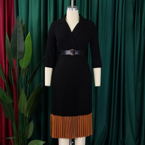 Women's 3/4 Sleeve Pleated Dress Midi Dress with Belt V Neck Business Elegant Dresses Formal Lady Dress3