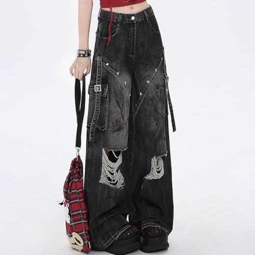 Gothic Women's Jeans Fashion Y2K Vintage Straight High Waist Baggy Wide Leg Ripped Denim Pants Black2