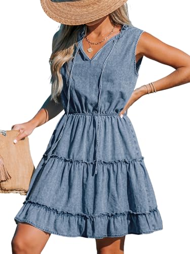 CUPSHE Women's Split V Neck Ruffled Sleeveless Denim Skirt Summer Mini Dress