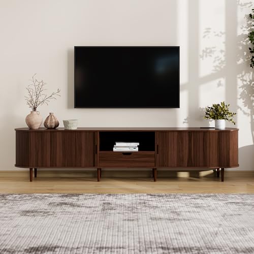 Image of DHH 95.2 inch Fluted TV Stand with Power Outlet for TVs up to 100 inch, TV Console with Adjustable Shelves and Sliding Door,Mid Century Modern Entertainment Center for Living Room,Bedroom (Walnut)