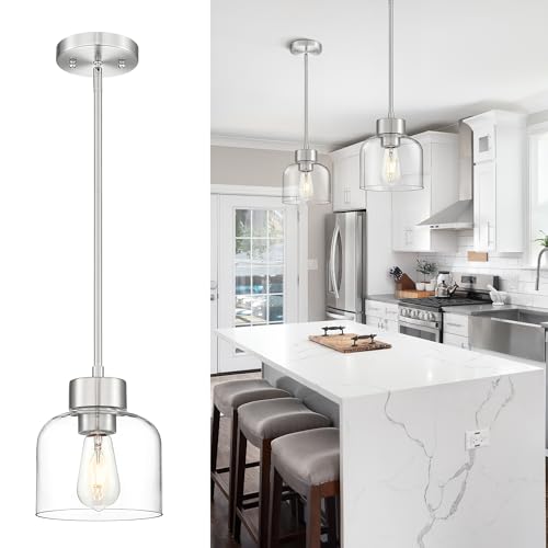Image of 7 inch Brushed Nickel Pendant Lights Kitchen Island, Clear Glass Shade