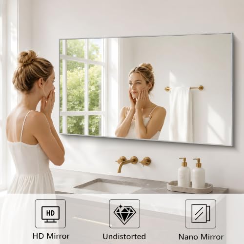 Image of DESBING 30 inch x 48 inch Bathroom Mirror, Silver Metal Frame Wall Mirror