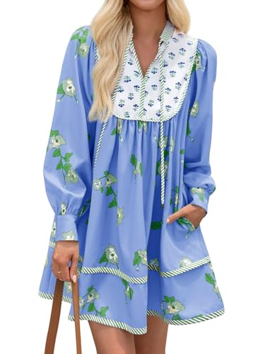 Image of Wenrine Womens Casual Floral Mini Dress Fall Long Sleeve V Neck Patchwork Loose Boho Shirt Dresses