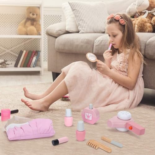 Brinquedos de madeira para salão de beleza, conjunto de 12 peças com maquiagem, espelho, secador de