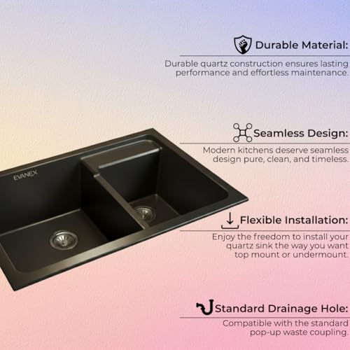 Image of EVANEX Quartz Kitchen Sink | 31x18x9 Inch Double Bowl Sink for Kitchen | Granite Topmount /Undermount Kitchen Sinks | Black Double Sink with Connector, Waste Pipe, Coupling and Drain Basket
