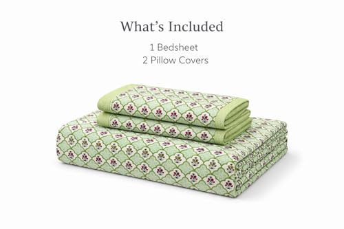 Image of ElanorHomes 240 TC Cotton Double King Size Bedsheet | Ultra-Soft & Skin-Safe | Breathable Summer Comfort | 93x108 inches with 2 Pillow Covers (Green Blossom)