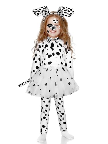 SOMSOC 8 Pcs 100 Days of School Dalmatian Costume Girls, 101 Days Kids Dog Cotusme Dalmatian Shirt Tail Tutu Pant Accessories