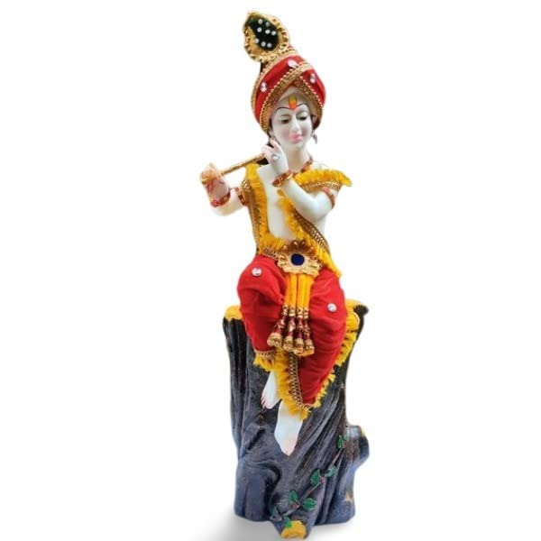 MEHRAS LIFE STYLE Big Marble Lord Krishna Statue on Tree Playing Flute (55 cm Tall) Tall (Clothes May Vary)
