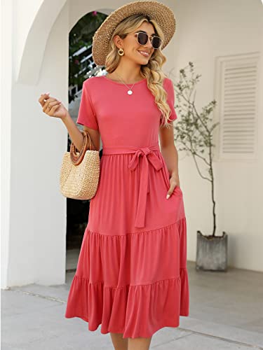 Image of Lyrur Women's Dresses Casual Summer Tiered Midi Dress Short Sleeve Belted Ruffle Babydoll Boho Sundress with Pockets