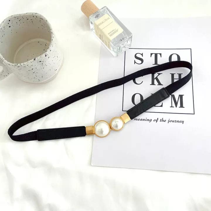 Women Elastic Slim Stretchable Waist Belt with Pearl Buckle, Retro Adjustable Cinch Belt Waistband for Women Ladies Dresses (Free Size), Black, Free Size2