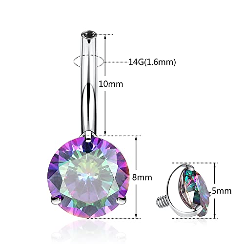 Peaklink 14G G23 Titanium Belly Button Ring With Rainbow Cz 10Mm Belly Piercings Navel Rings Navel Barbell Internally Threaded Navel Piercing Jewelry #TOP1