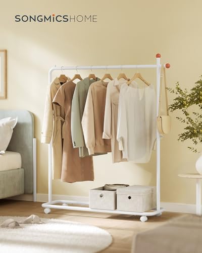 SONGMICS HOME Perchero, Perchero Metálico con Ruedas, 1 Barra para Colgar, Ganchos para Cerillas, Blanco Mate HSR170W01 - imagen 2