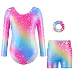 LNL Gymnastics Leotards for Girls Gymnastics outfits Long Sleeve Leotards with Shorts and Hairband for Kids 5-6 Years Pink