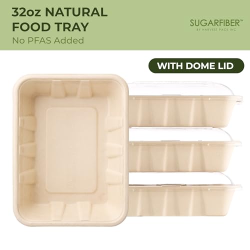 [100 COUNT]Harvest Pack 32 oz PFAS FREE Disposable Food Trays with Dome Lids, Compostable Disposable Food Container Bagasse Serving Trays, Rectangle, Made from Sugarcane Eco-Friendly Plant Fibers - Thumbnail 6