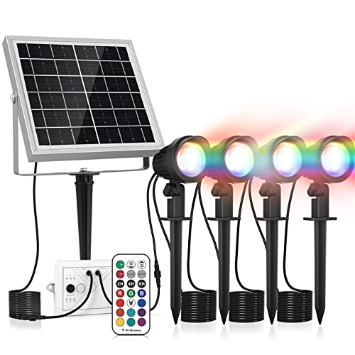 MEIKEE RGBW Solar Spot Lights Outdoor, 4-in-1 Solar Landscape Spotlights with Remote, RGB Color Changing Decorative Lighting , IP66 Waterproof Solar Powered Wall Lights Outdoor Light for Garden Yard