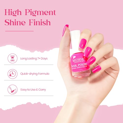 MIZHSE Quick Dry Nail Polish, Hot Pink Nail Polish Non Gel Air Drying Fast, 15ml Glossy Finish Regular Rose Red Nail Lacquer Full Coverage Nail Art Manicure DIY Home