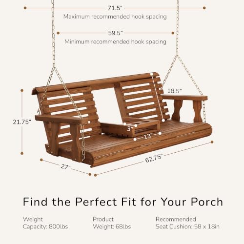 Image of Porchgate Amish Heavy Duty Console Porch Swing with Fold Down Cup Holders in Oak Stain - Amish Made in The USA from Treated Pine, Hanging Chains Included