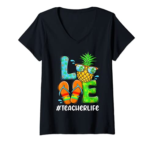 Mujer Pineapple Summer Teacher School's Out Tropical Beach Vacay Camiseta Cuello V