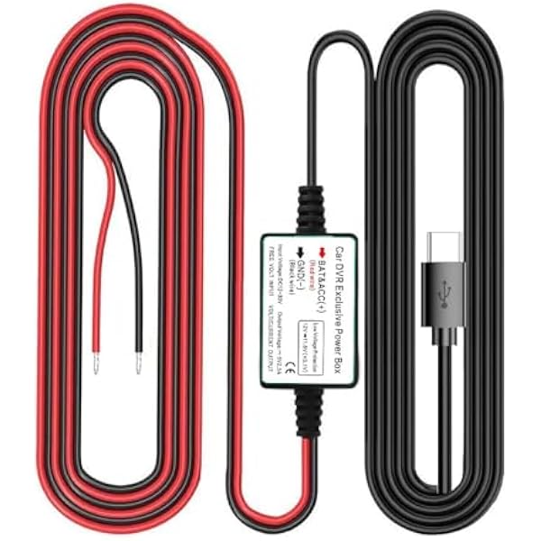 Gebildet Zestaw Przewodów do Kamery Samochodowej, Port Prostego złącza USB typu C, Zabezpieczenie przed Niskim Napięciem do Kamer Wideorejestracyjnych,12V do 24V DC do 5V/2.5A maks. z Bezpiecznikiem
