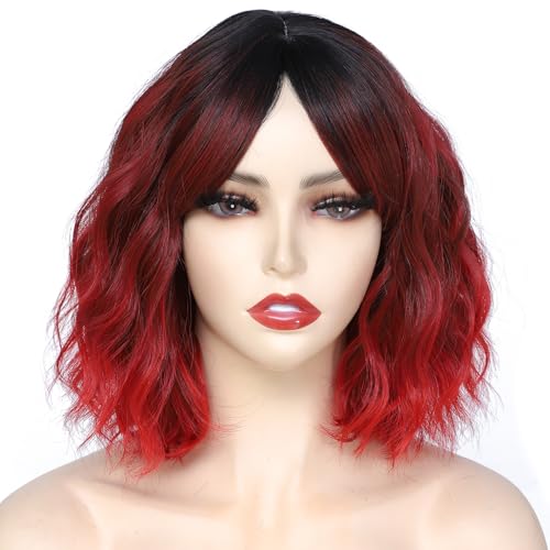 Image of Rose bud Wavy Bob Wig with Bangs Natural Ombre Red Wig Synthetic Hair Shoulder Length Short Curly Wigs for Women