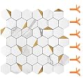STICKGOO Peel and Stick Backsplash for Kitchen, Self-Adhesive Tile Hexagon Mosaic Tiles (10 Sheets, White Marble with Metal Gold )