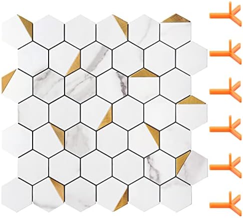 STICKGOO Peel and Stick Backsplash for Kitchen, Self-Adhesive Tile Hexagon Mosaic Tiles (10 Sheets, White Marble with Metal Gold )