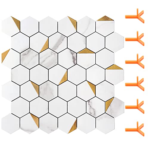 Stickgoo Peel And Stick Backsplash For Kitchen, Self-Adhesive Tile Hexagon Mosaic Tiles (10 Sheets, White Marble With Metal Gold ) #TOP4