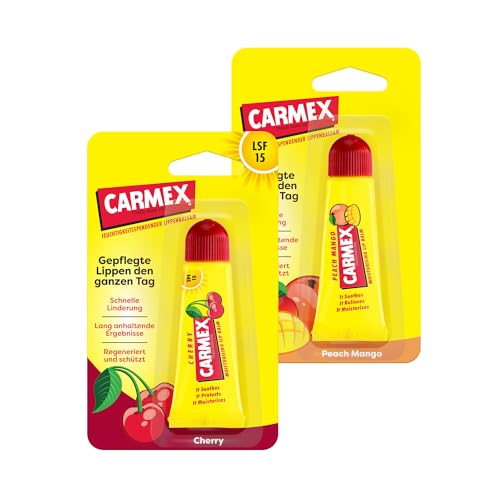 Carmex Mango y tubo de cereza de melocotón, cuidado de labios para labios secos, bálsamo labial hidratante y calmante para labios agrietados, con vaselina, vitamina E y cera de abejas - (2 x 10 g)