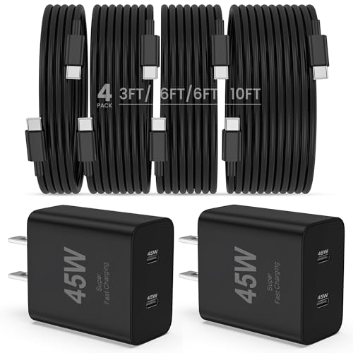 Image of Super Fast Samsung Charger Type C,45W Dual Port USB C Fast Charger Block [2-Pack] & Extra Long 60W 3 /6 /6 /10FT USB C Cable - PD Quick Charging 3.0 for Samsung Galaxy S26 S25 Ultra /S24+ /S23 iPhone 16