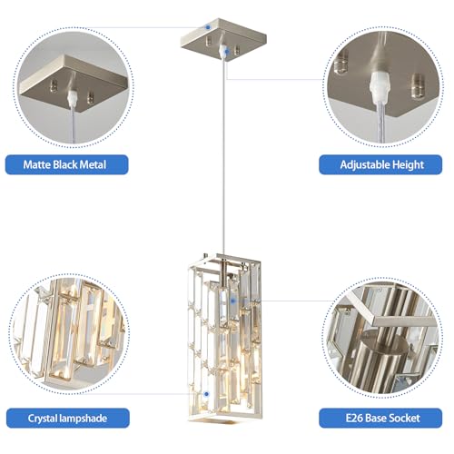 Image of Brushed Nickel Pendant Lighting Modern Pendant Light, Mini Crystal Chandeliers, Adjustable Pendant Light Fixture for Kitchen Island Dinning Room Bedroom (2 Pack)