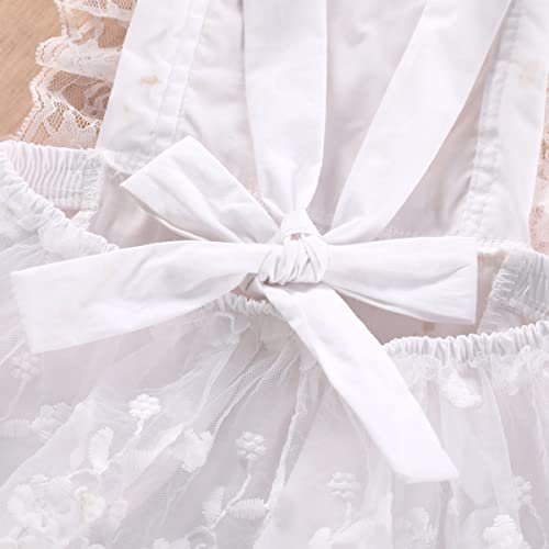 Newborn Floral Lace Tutu Romper Ruffle Backless Jumpsuit Baby Girls Embroidered Floral Lace Romper Tulle Dress + Flower Headband 2Pcs Boho Set Birthday Party Summer Outfit White-Ruffle 0-3 Months #TOP4