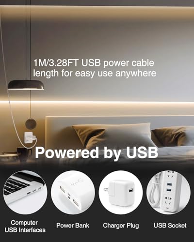 Image of Aclorol COB LED Strip Light 5V USB 1M /3.28FT Warm White 3000K Flexible LED TV Backlight with Self-Adhesive 8mm Width for Bedroom Bedframe Kitchen Sideboard Lighting Project CRI90+ 320LEDs /M (2 Pack)