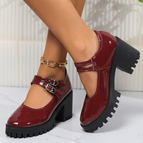 Image of Women's Platform Mary Janes Heart Cat Buckle Rivets Ankle Lolita Gothic Princess Platform Pumps Patent Leather Thorn Vintage Traditional Embroidery Upper Dress Shoes