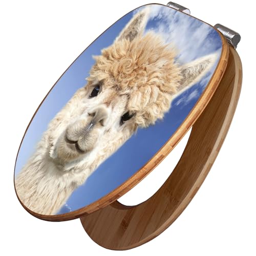 banjado Design WC Sitz Bambus Absenkautomatik 45,8x37,5cm - Toilettendeckel mit Absenkautomatik Holz - hochwertiger Bambus Klodeckel - WC-Sitz für gängigen Toiletten - Motiv Lama