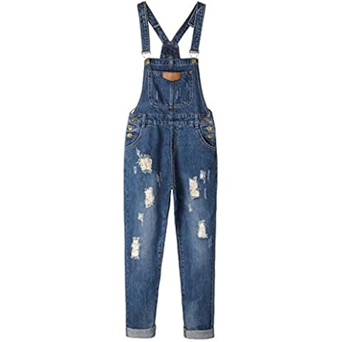 AvaCostume Women's Adjustable Strap Ripped Denim Overalls DarkBlue S Cover