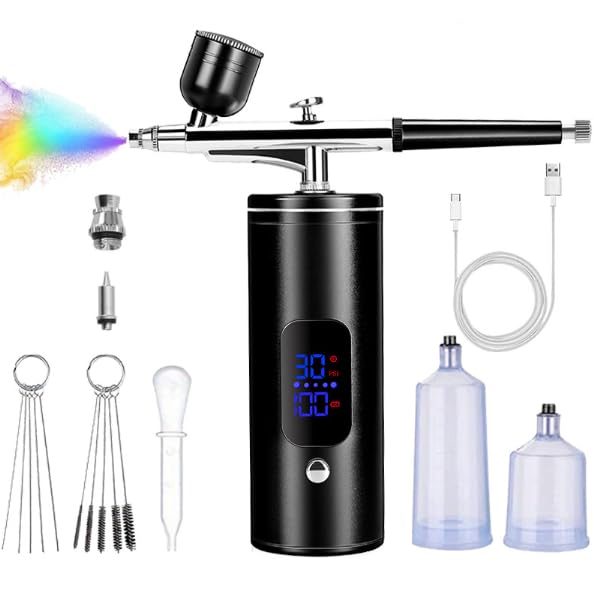 Kit de aerógrafo con compresor, juego de cepillo de aire de alta presión recargable inalámbrico sin obstrucción con boquilla de 0.3 mm y juego de cepillo de limpieza para arte de uñas, maquillaje
