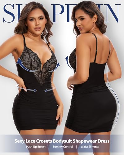 SHAPERIN Shapewear Dress Sexy Deep V Neck Lace Corsets Tops Ruched Bodycon Cocktail Party Mini Dresses for Women3