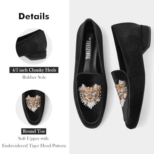 Image of Embroidered Loafers for Women Round Toe Chunky Heel Velvet Flats with Lion Head Pattern Wide Width Dress Casual Shoes