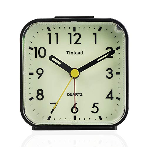 Image of Tinload Small Battery Operated Analog Travel Alarm Clock Silent Non Ticking,Gentle Wake, Ascending Beep Sounds, Snooze,Lighted on Demand, Glow in Dark dial,Easy Set